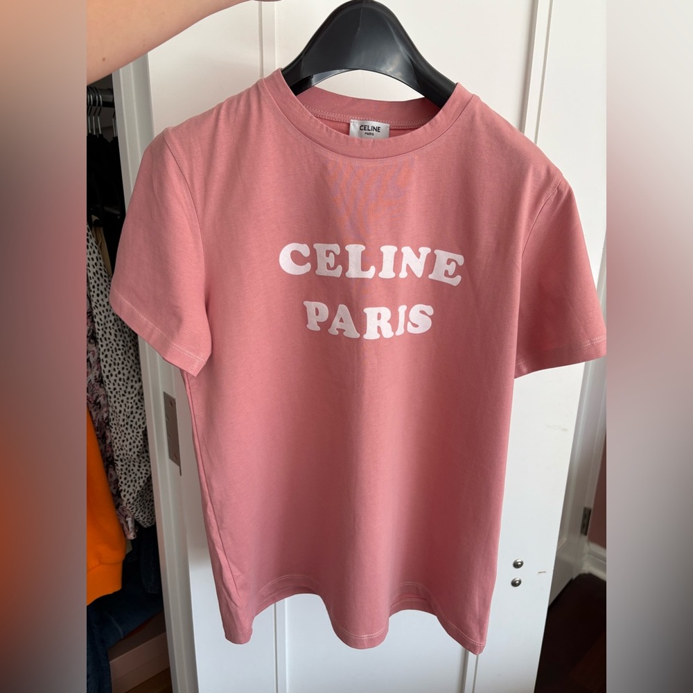 Celine Paris Logo Print Cotton T-Shirt Dust Pink Size Medium Scoop Neck Women’s - Picture 2 of 10